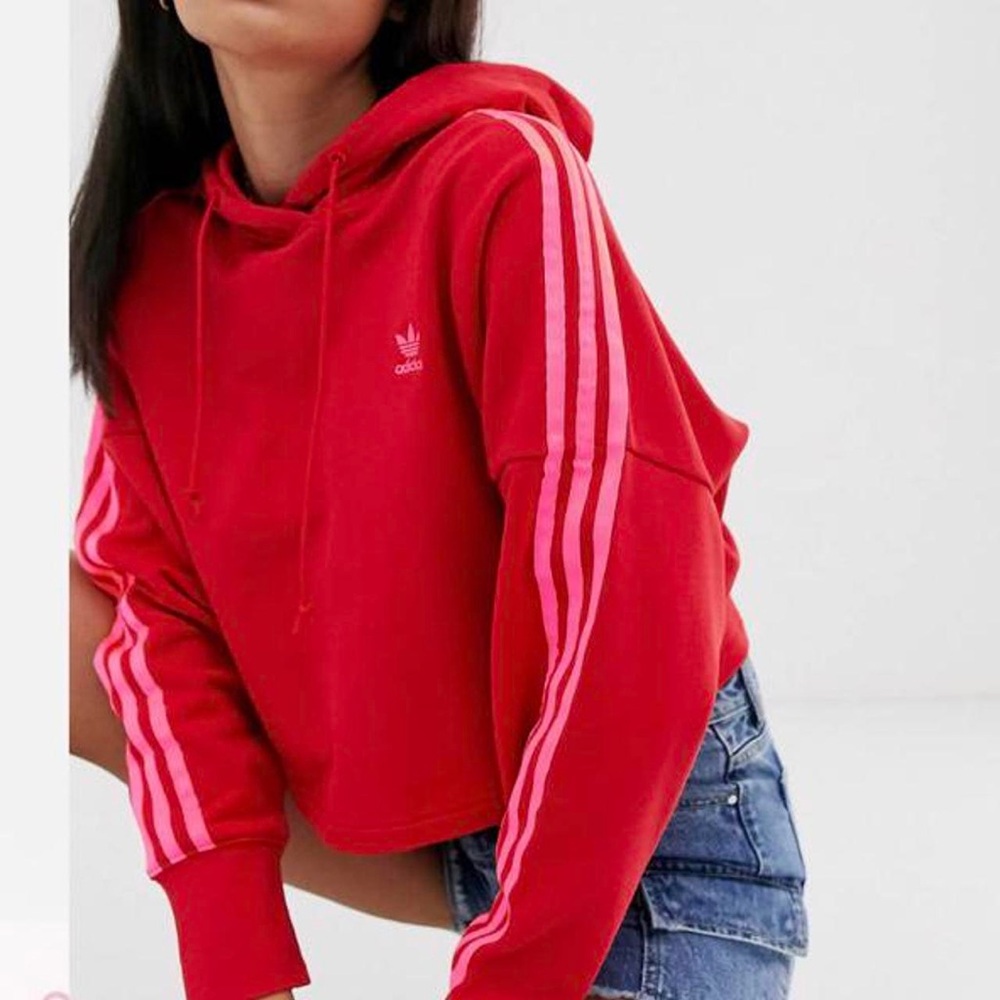 Adidas Cropped Women's Vibrant Red Hoodie with Pink Accents